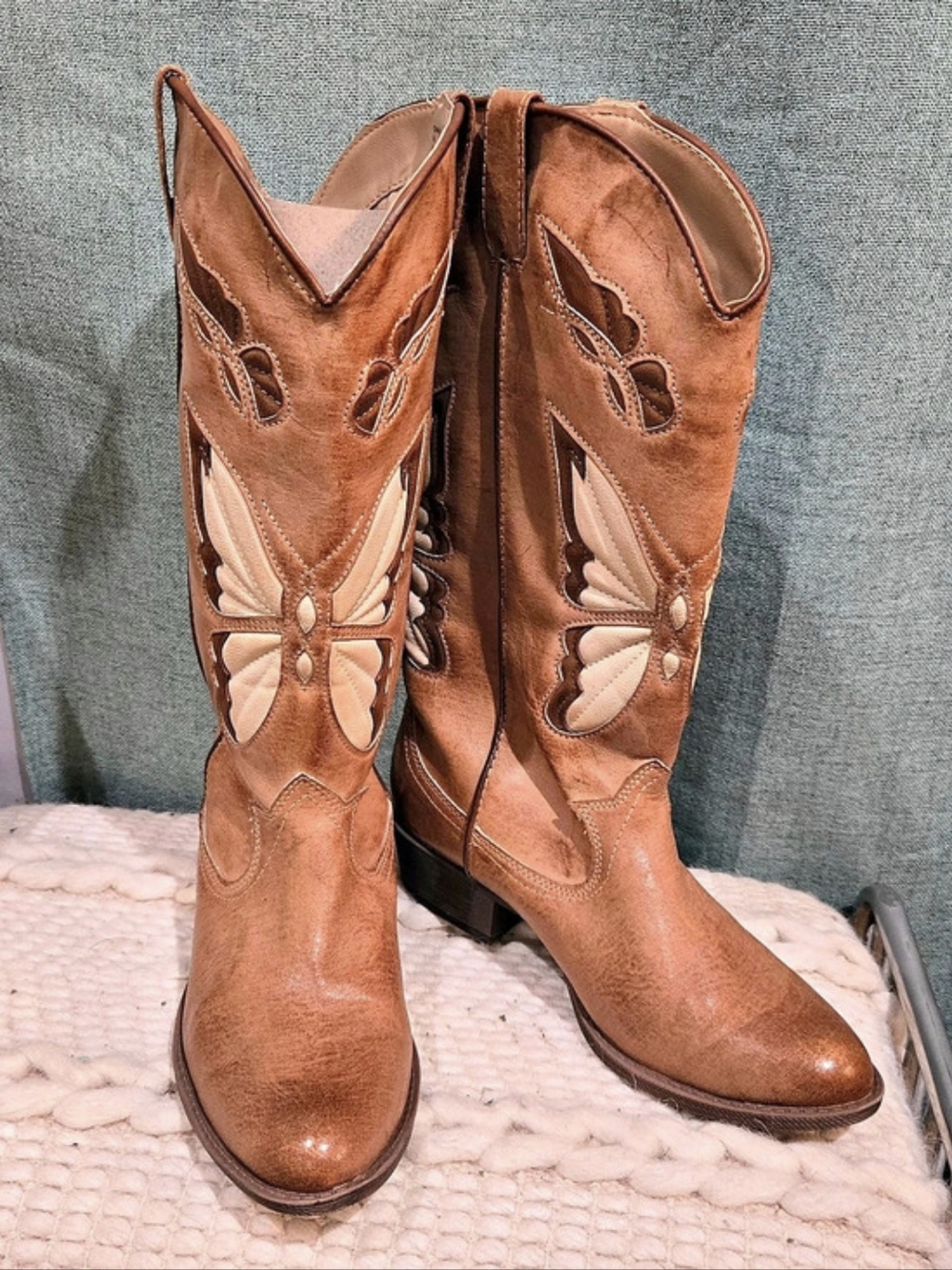 MONARCH Tall Western Faux Leather Heeled Boots in Brown Size 9